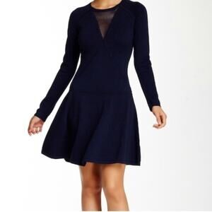 Trina Turk navy blue open mesh knit neckline swing skirt sweater dress